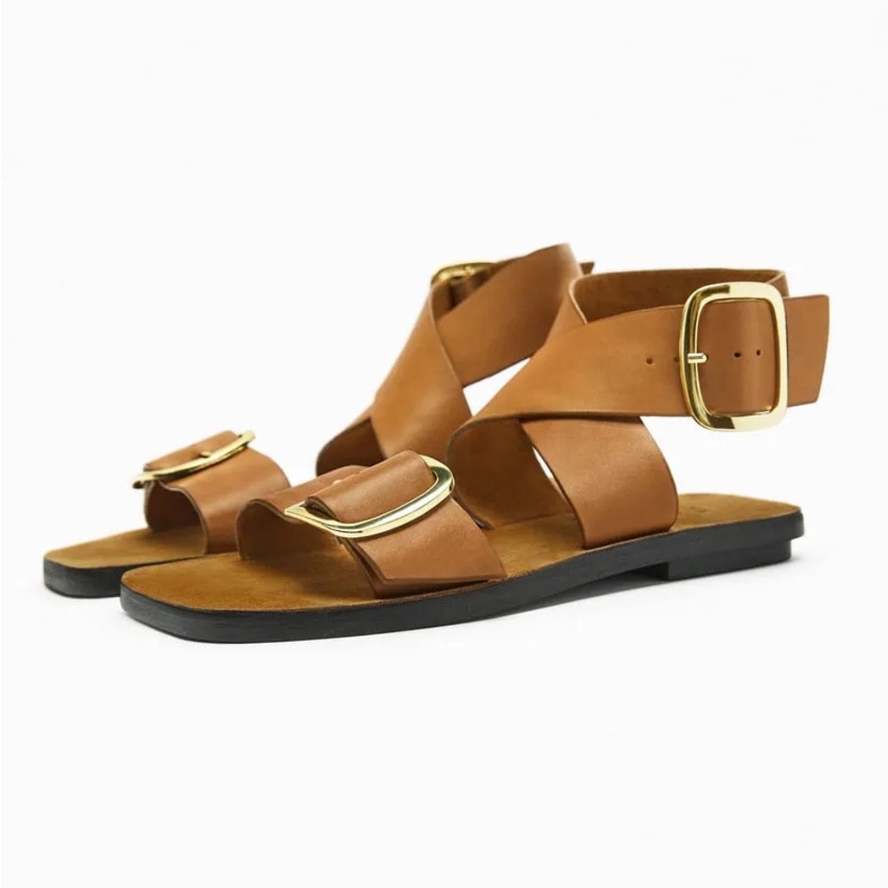 Zara Tan Cognac Leather Gold Buckle Ankle Strap Flat Sandals Size 38